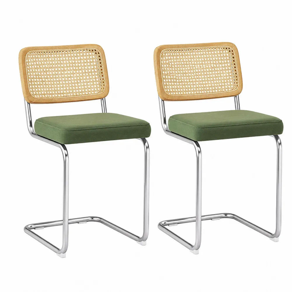 2er Set Esszimmerstühle mit grünem Kissen, Rattanlehne und Metallgestell