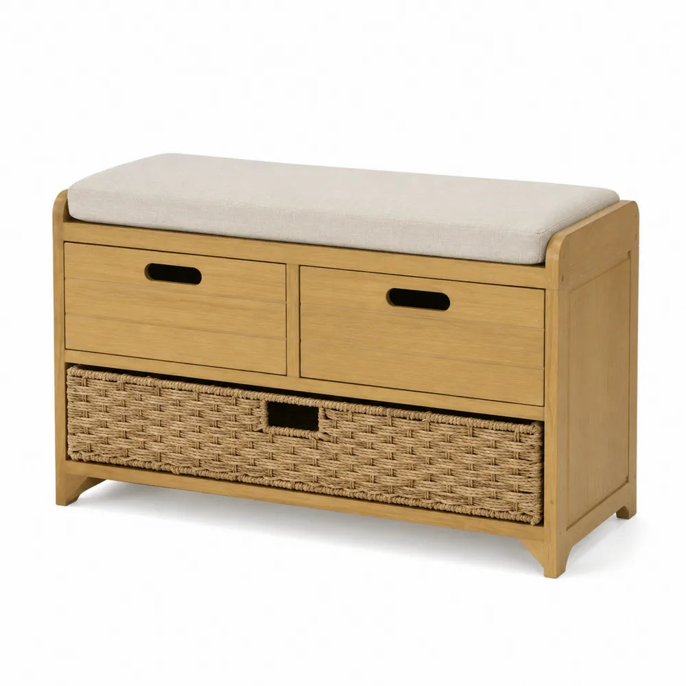 Holzbank mit Stauraum und Sitzkissen Helles Holz/Beige 70 cm