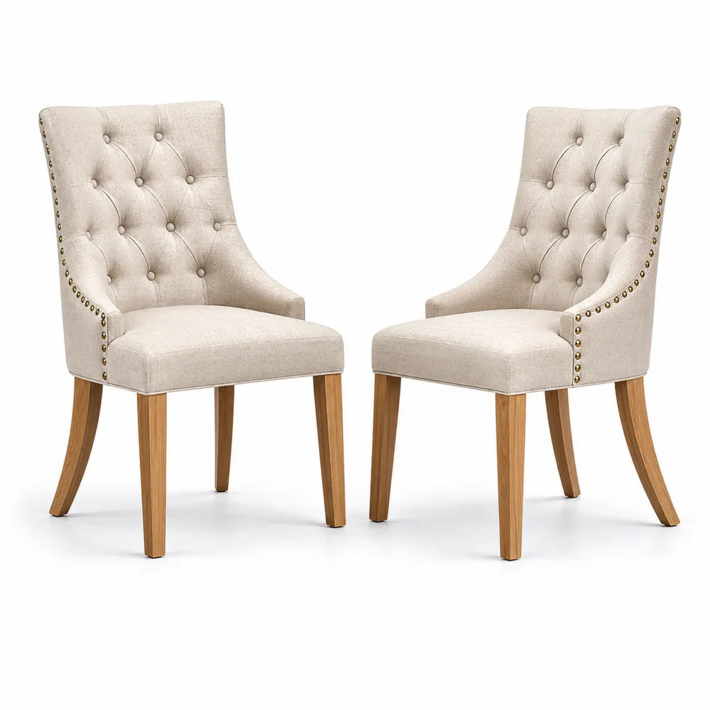 Esszimmerstuhl-Set aus Leinenstoff und Eichenholz, Beige, 2 Stück