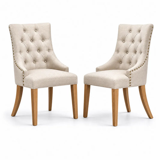 Esszimmerstuhl-Set aus Leinenstoff und Eichenholz, Beige, 2 Stück