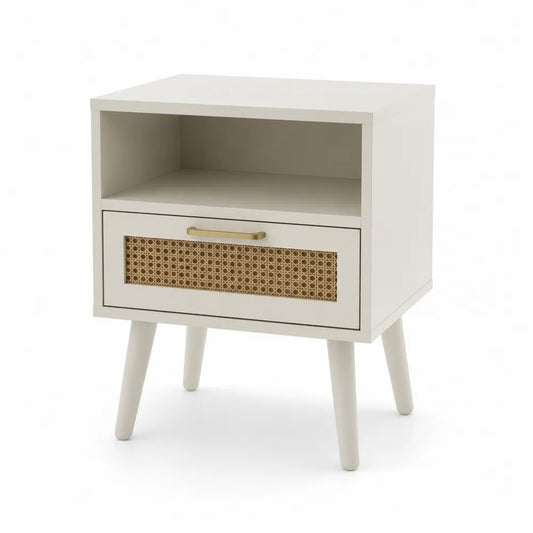 Nachttisch aus MDF mit Rattan-Schublade in Weiß