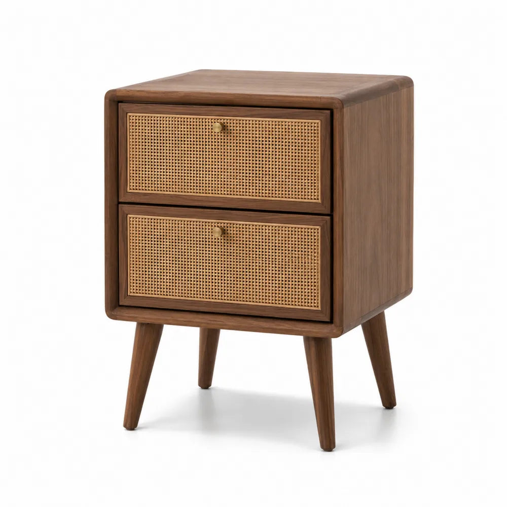 Nachttisch Walnussholz Rattan 2 Schubladen 60cm