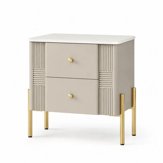 MDF Nachttisch mit 2 Schubladen in Beige und Weiß mit Edelstahlbeinen