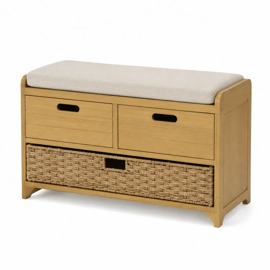 Holzbank mit Stauraum und Sitzkissen Helles Holz/Beige 70 cm