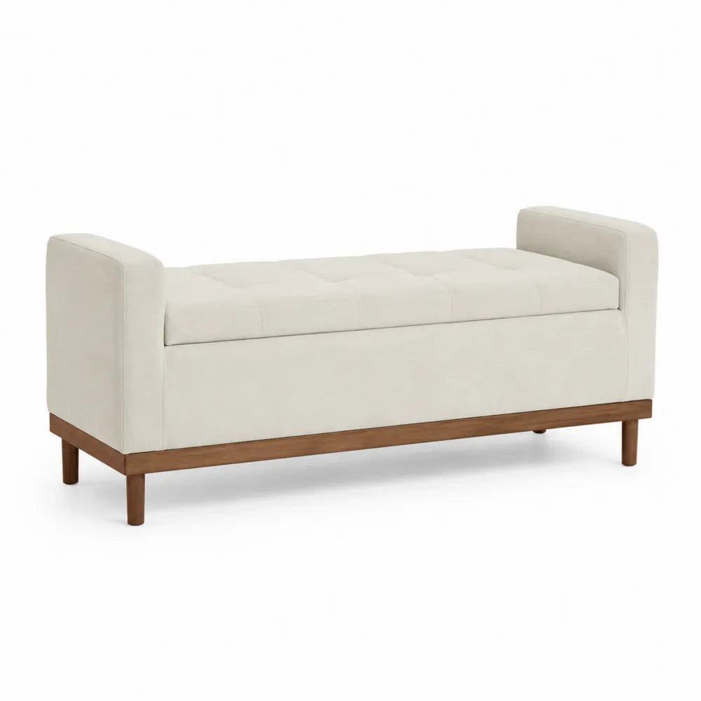 Beige Stauraumbank aus Veloursleder und Holz